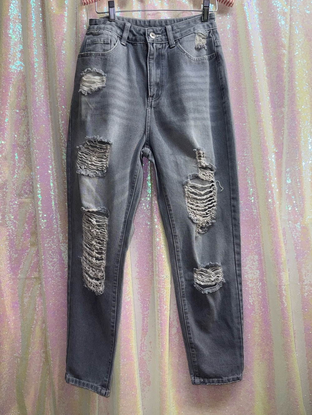 Grey Distressed Women's Jeans - Casual High-Rise Ripped Denim